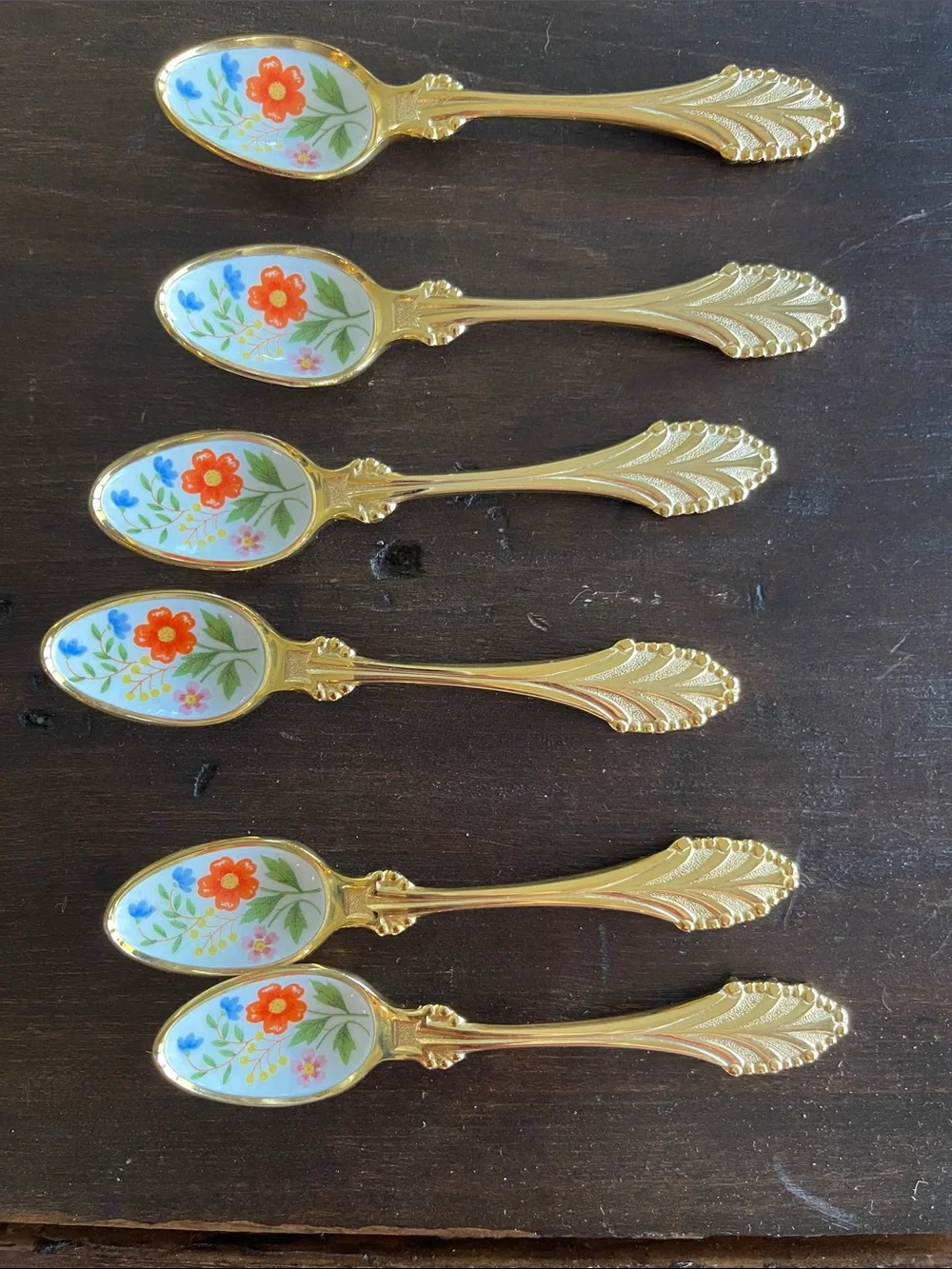Vintage Linden Gold-Plated Floral Enamel Inlay Set of Six Small Demitasse Spoons